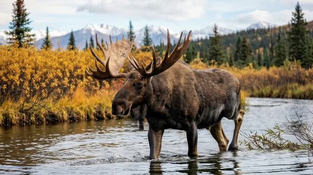 large bull moose crossing shallow river alaska wildlife video.