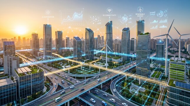 Futuristic smart city with AI, IoT, 5G, renewable energy, autonomous mobility, and holographic data analytics connecting intelligent urban infrastructure.