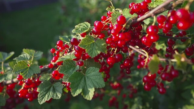 Ripe red currants hanging on branch in summer garden.