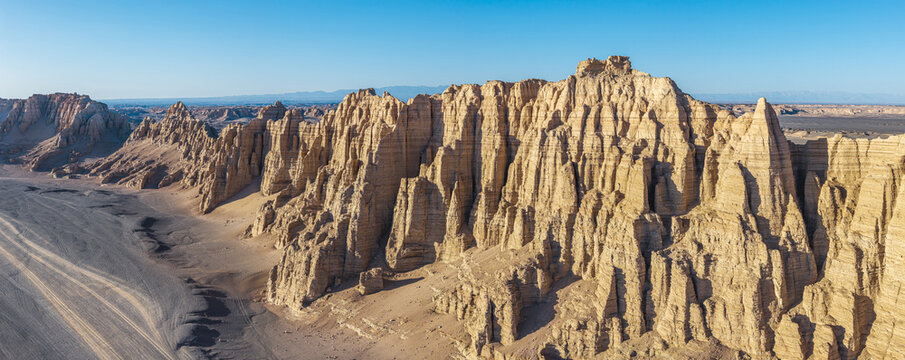 Aerial view of majestic yardang landforms in the Gobi Desert, Dahaidao, Xinjiang, China