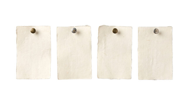 Four blank handmade paper notes with push pins, isolated transparent PNG cutout for memo board design