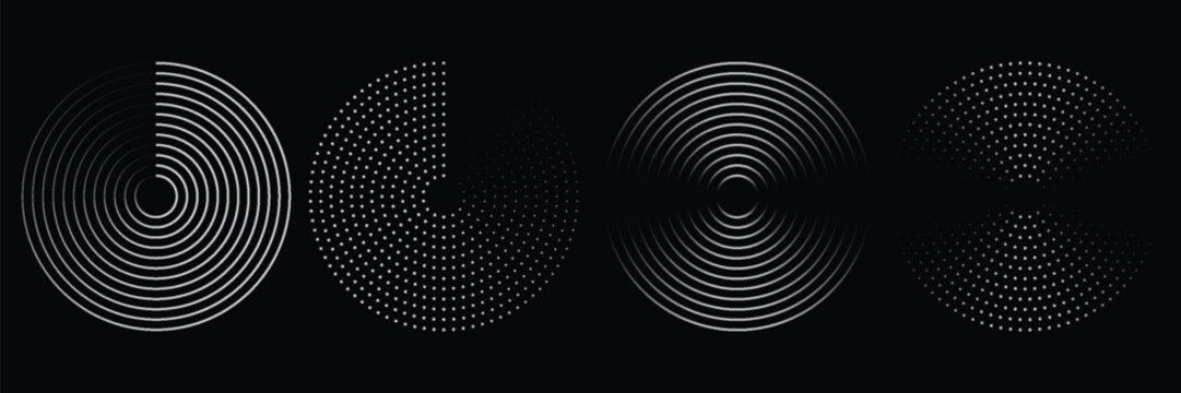 Set of speed lines in circle form. Halftone dotted speed lines. Abstract geometric circles with rotating radial lines. Design element for logo, prints, template or posters. Vector illustration