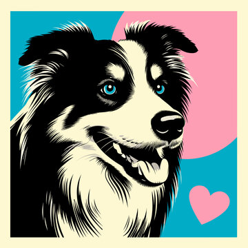 Border collie dog pop art illustration with heart for Valentine day