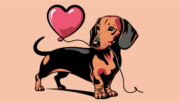 Minimalist dachshund dog vector illustration with heart balloon for Valentine