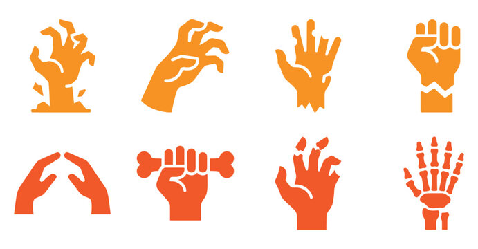 Set of orange zombie hands and skeleton icons for halloween horror design elements and festive decorations Vector, illustration