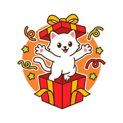 Fototapeta premium Cute white birthday cat jumping out of red gift box with confetti on orange background