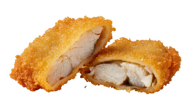 Isolated deep-fried golden crispy breaded fish fillet cut open showing tender white meat