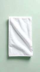 Fototapeta premium Clean white terry cloth towel folded neatly isolated on a soft pale green background studio shot