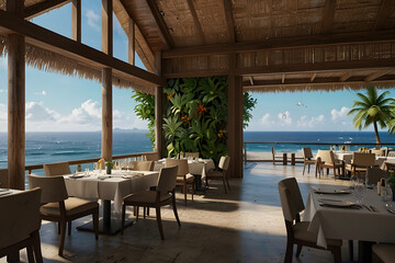 Fototapeta premium Luxury beachfront restaurant with ocean views and tropical plants