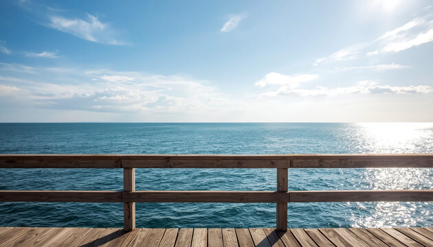 Wooden pier overlooking the ocean. Scenic sea view from a boardwalk deck.