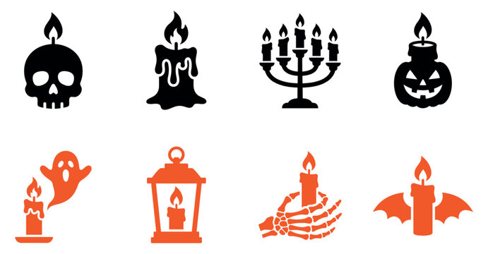Set of spooky halloween candle icons featuring skull pumpkin ghost skeleton hand and bat wing designs Vector, illustration