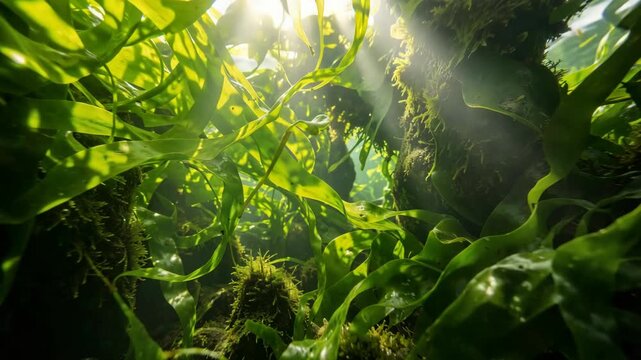 A serene underwater cave illuminated by sunlight streaming through the water.