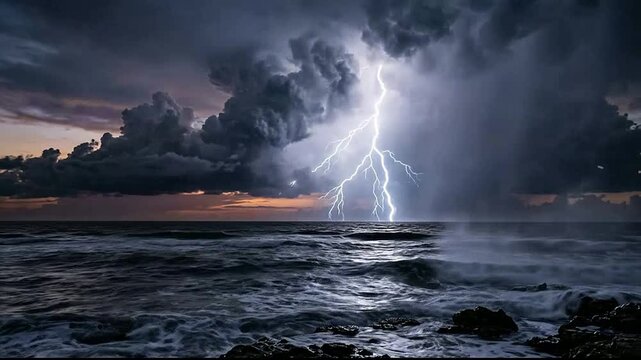 Dramatic ocean scene with lightning storm and dark clouds