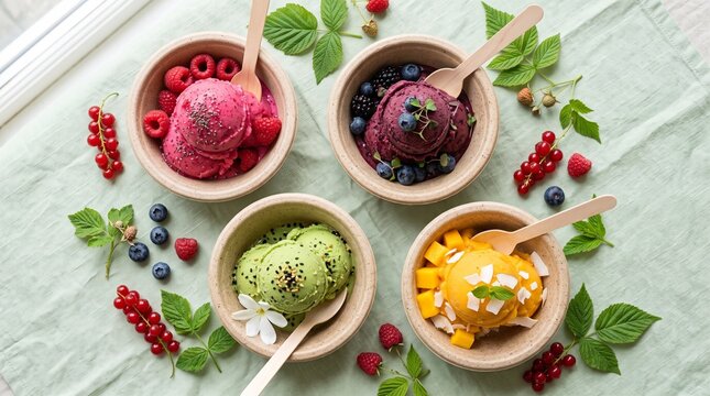 Flat lay of colorful fruit sorbets in eco-friendly bowls with wooden spoons, surrounded by fresh berries and green leaves on a pastel linen background.