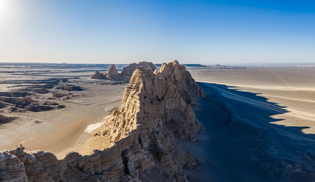 Aerial view of majestic yardang landforms in the Gobi Desert, Dahaidao, Xinjiang, China