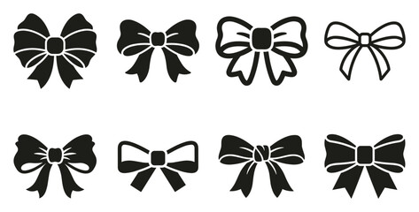 Fototapeta premium Minimalist ribbon bow icon variations set, premium vector line art bundle for digital marketing, clean geometric horizontal ribbon bows graphic designs for creative branding projects isolated 