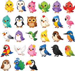 Obraz premium Cute cartoon birds collection set isolated on white background. Adorable colorful feathered characters for kids design and educational projects.