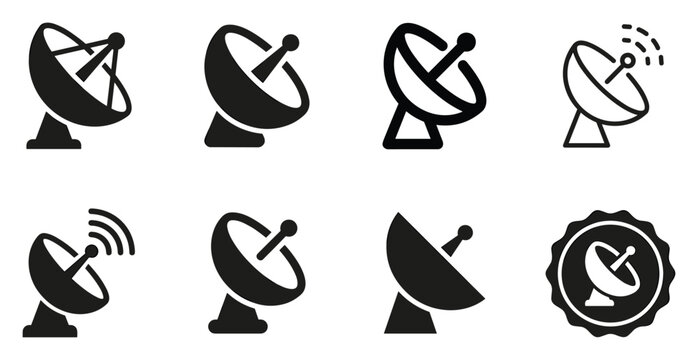 Minimalist satellite dish icon variations set, premium vector line art bundle for digital marketing, clean geometric horizontal satellite dishes graphic designs for creative branding projects 