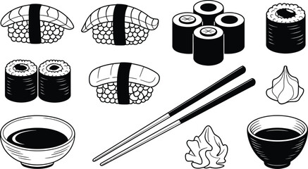 Variety of sushi rolls and japanese meal icons with japanese chopsticks silhouette restaurant traditional collection minimalist isolated illustration appetizer delicious © MstAsmaAkter
