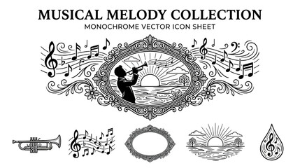 Vintage Musical Melody Collection: Trumpet Player, Notes, Sun, Ornate Frame Icon Sheet © udin