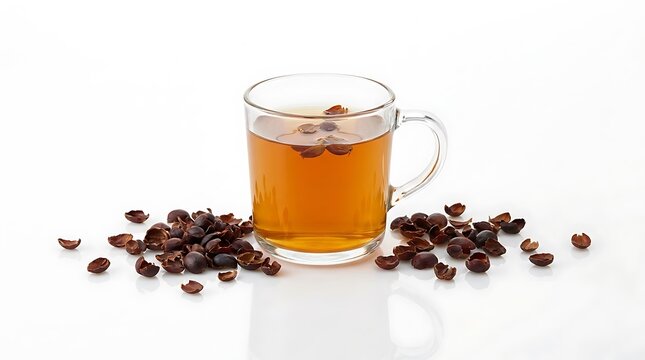 Clear glass cup filled with hot herbal rosehip tea surrounded by dried red rosehip berries. cascara tea