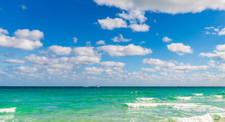 Fototapeta premium Sea sunrise on ocean beach. Sunset seascape at summer vacation. Horizon with sea cloudy sky. Calm horizon at sea. Romantic summer vacation seascape. Seascape horizon paradise