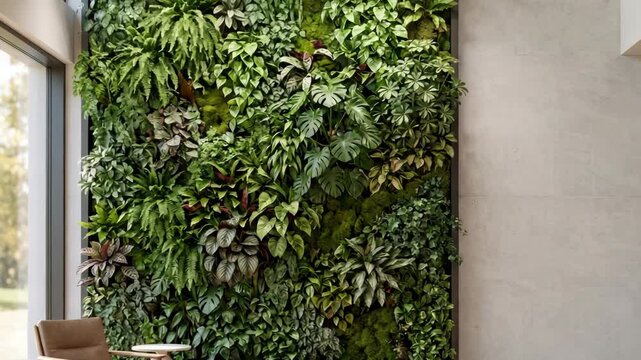 Plants grow on the wall inside a cafe in the city. The setup includes different types of greenery. Two chairs sit nearby. Sunlight enters through large windows