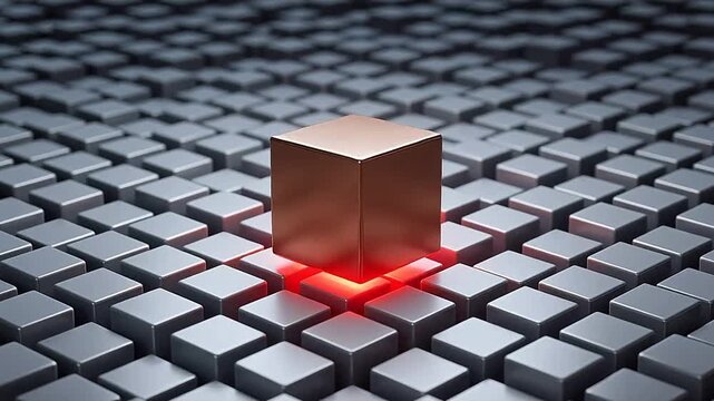 Golden cube in futuristic grid