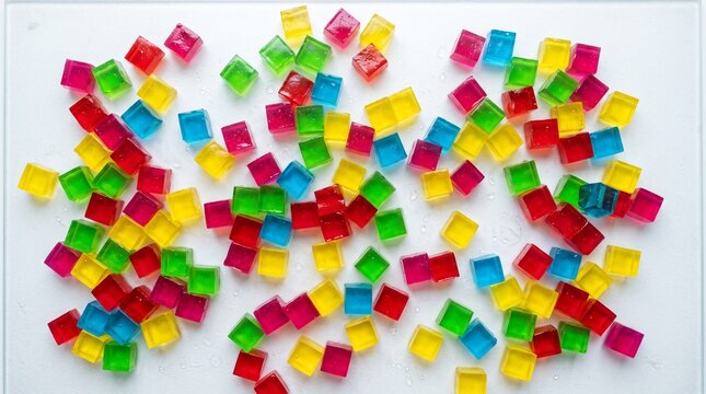 Vibrant rainbow-colored gelatin cubes scattered on a clean white surface, playful and refreshing summer jelly treats, flat lay food photography.