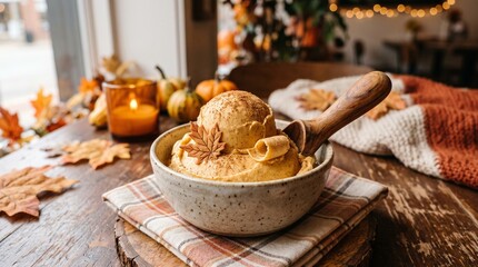 Fototapeta premium Pumpkin spice ice cream scoop in ceramic bowl with wooden spoon on cozy autumn table setting with pumpkins, warm candle, and fall leaves.