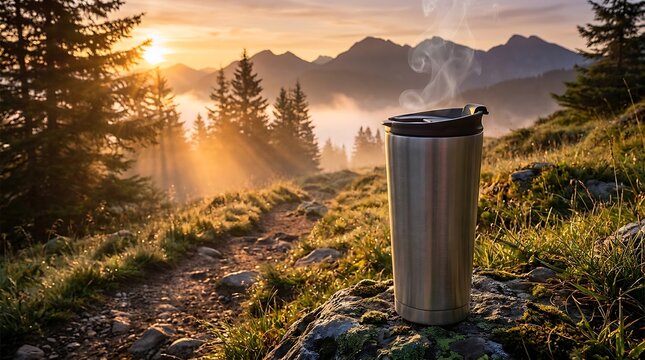 A metal travel mug sitting on a rock in a foggy forest at sunrise.leak-resistant cups 