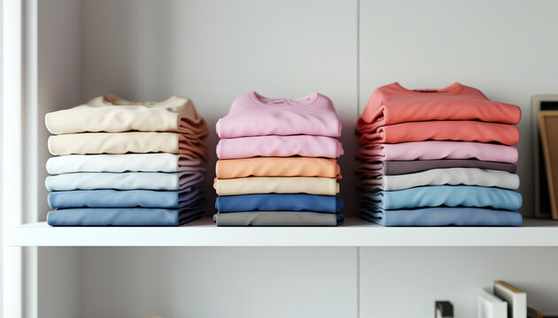 Neatly folded stack of soft cotton t shirts in pastel and neutral colors arranged on closet shelving for retail display, wardrobe organization and minimalist capsule collection styling