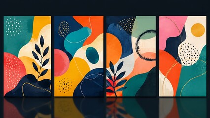 Obraz premium Colorful abstract poster designs feature bold organic shapes, vibrant overlapping colors, textured accents, and modern artistic compositions for branding, prints, and creative projects.