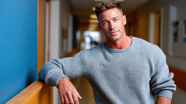 Male adult leaning on corridor railing in a clinic hallway for outpatient clinic patient profile, waiting area lifestyle image, staff introduction page and healthcare service listing