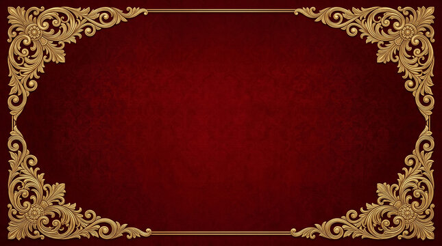 Luxurious red velvet background. Ornate gold frame for design