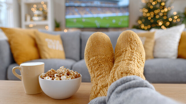Cozy living room view with feet in yellow socks beside mug and popcorn for holiday relaxation background and banner use