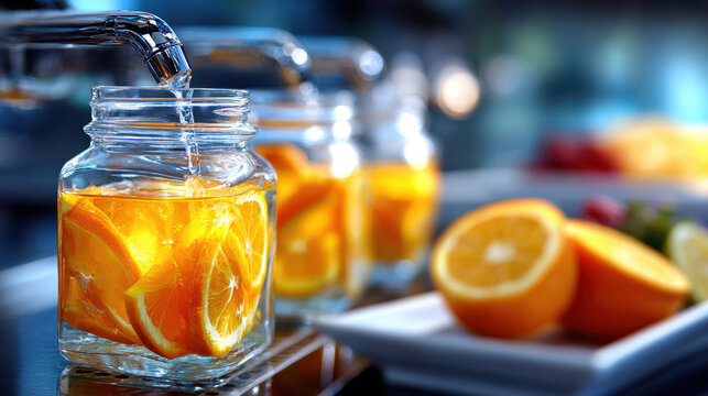 Citrus infused drink dispenser with glass spigot pouring orange slices into mason jar for party beverage station, buffet refreshment and summer hydration display