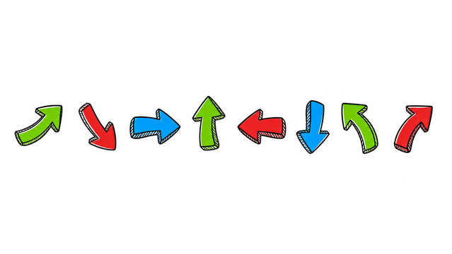 Hand drawn arrows set. Colorful doodle pointers for navigation design.