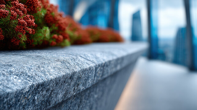 Urban terrace detail with stone ledge and seasonal shrubbery foreground framing blurred city skyline for corporate office exterior, landscape architecture, and rooftop garden planning