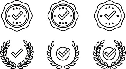 Fototapeta premium Quality Assurance Seal and Laurel Wreath Icon Set with Checkmark Symbols for Business Website Trust Badges Certificate Designs Product Guarantees and Verification Media