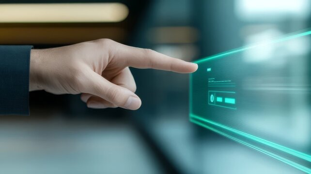 Close up human hand interacting with futuristic digital holographic interface screen display.