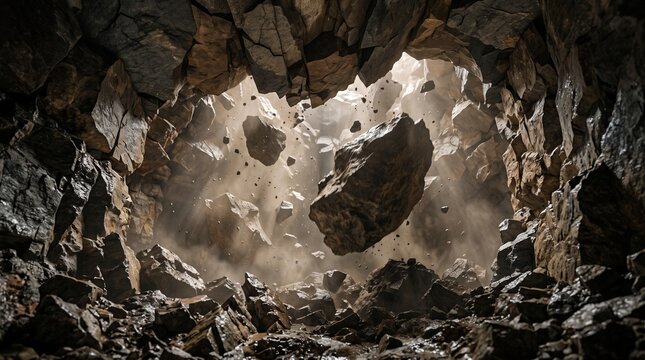 Dramatic cave collapse with falling rocks and dust lit by sunbeams, underground rockfall disaster, subterranean collapse, danger and natural devastation.