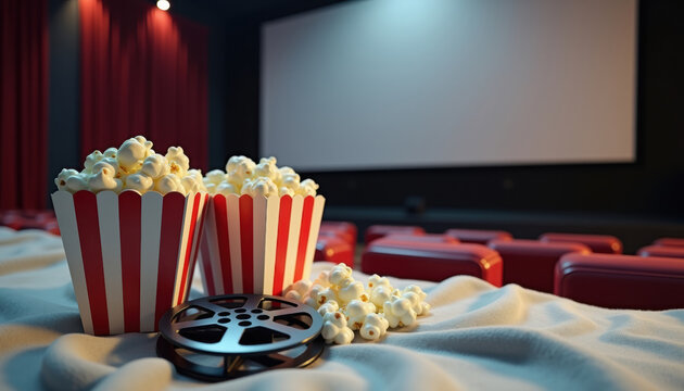 Cinema snack setup with striped popcorn tubs and film reel on blanket in empty theater for movie night promotion, screening event layout and concession marketing presentation