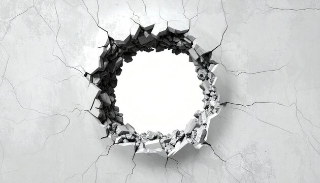 A jagged hole rips through a cracked concrete wall, revealing a bright white void