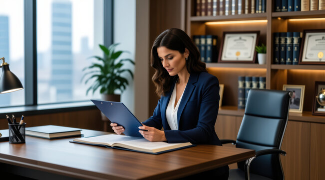 Corporate lawyer office with attorney reviewing documents at a desk for contract analysis, legal research, case preparation and business compliance.