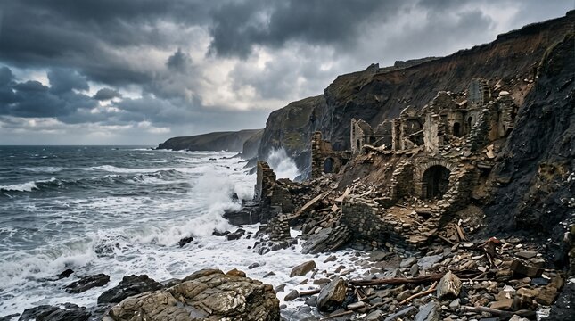Crumbling stone ruins on a steep cliff face during a violent ocean storm, dramatic dark clouds, coastal erosion, environmental devastation, natural disaster concept.