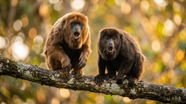 two howler monkey on a branch, making loud, deep roaring with blur golden light background