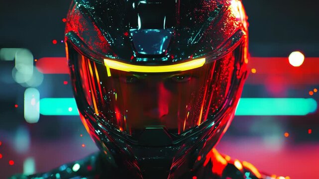 Close-up portrait of futuristic motorcycle racer wearing glossy cyber helmet with reflective visor in dramatic neon city light advanced safety gear speed racing technology and intense night atmosphere