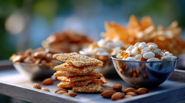 Stacked sesame jaggery crisps and bowls of roasted nuts on rustic board for raksha bandhan celebration snack and seasonal festival display