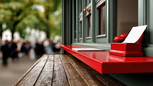 Red ticket booth counter at national park entrance with wooden ledge, ranger kiosk window and blurred visitor path for travel signage, park admission and tourism marketing